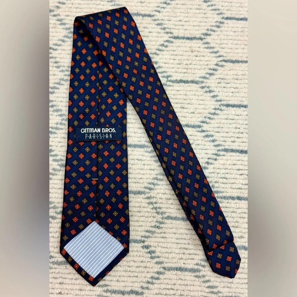 GITMAN BROS Parisian Formal Men’s Silk Tie Navy Blue Orange Medallion Hand Made